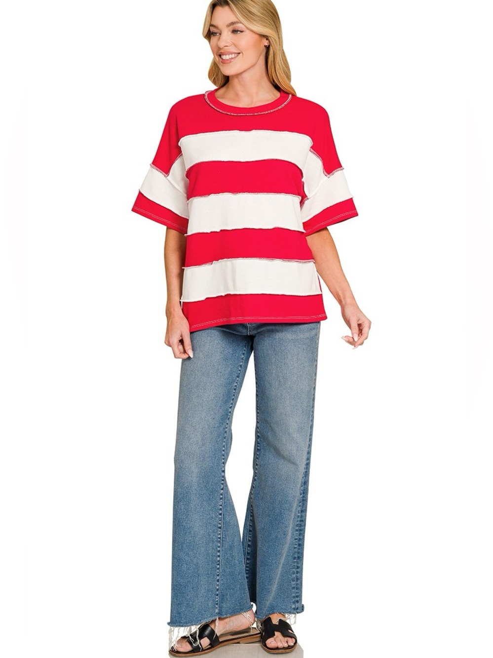 Zenana French Terry Striped Exposed Seam Top🛍️Ruby